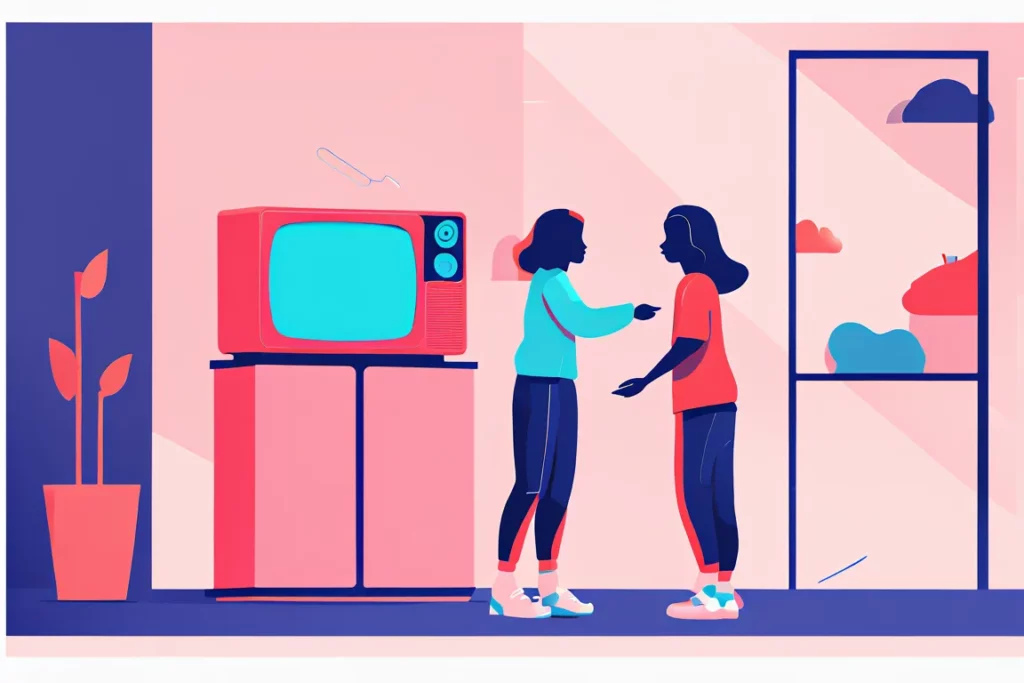 Due ragazze davanti ad una televisione che parlano di come riciclare la TV per non farla diventare RAEE.
