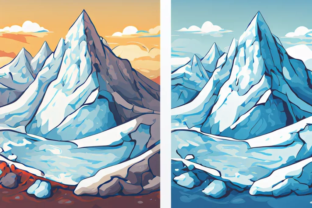 Due immagini di ghiacciai: a sinistra n ghiacciaio che ha perso la neve e a destra un ghiacciaio coperto di neve fresca.