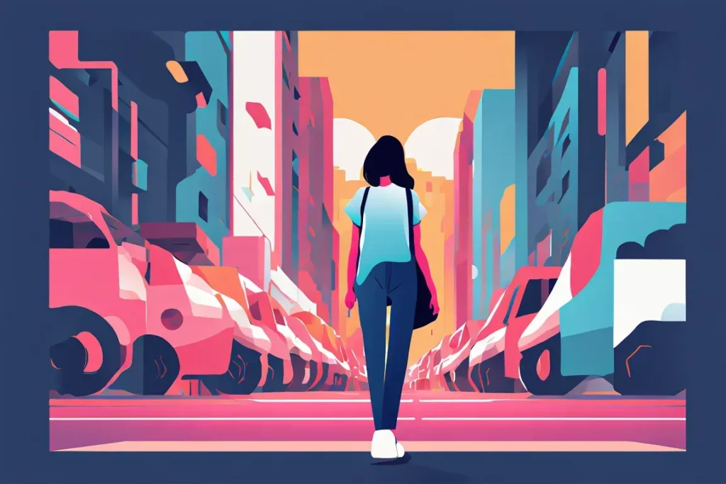 Una ragazza che cammina per una strada trafficata di macchine ad indicare una situazione opposta ad una mobilità sostenibile.