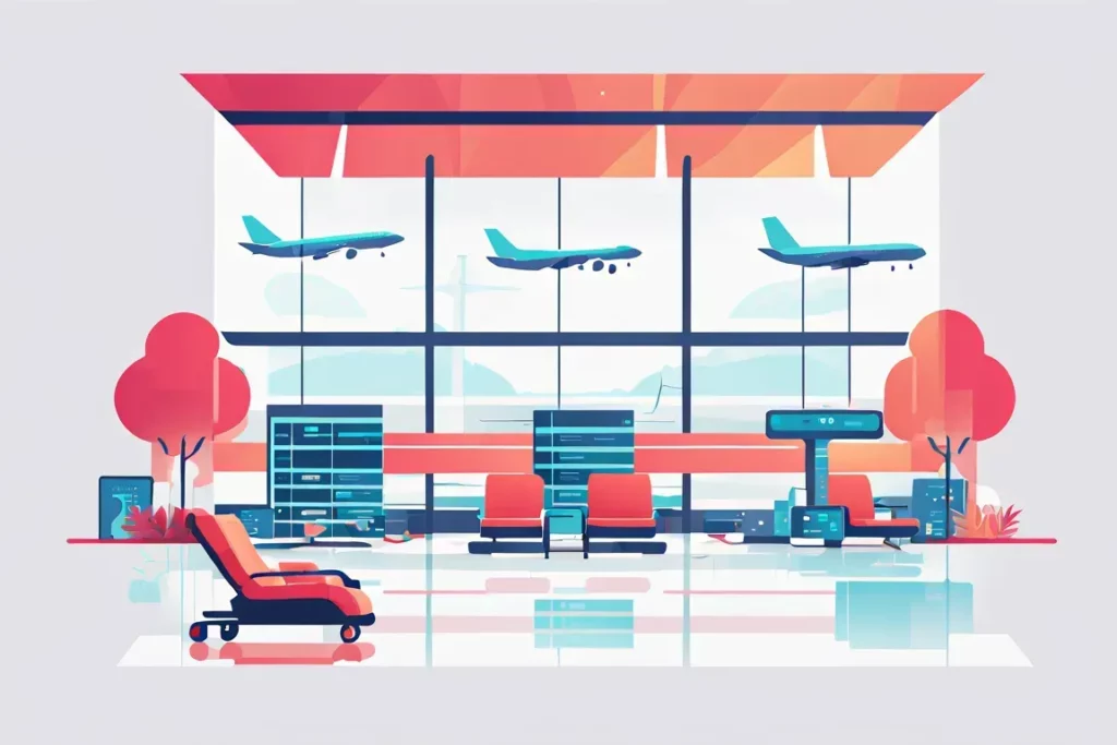 Una sala d'aspetto di un aeroporto con aerei che si vedono partire dalle grandi vetrate della sala.