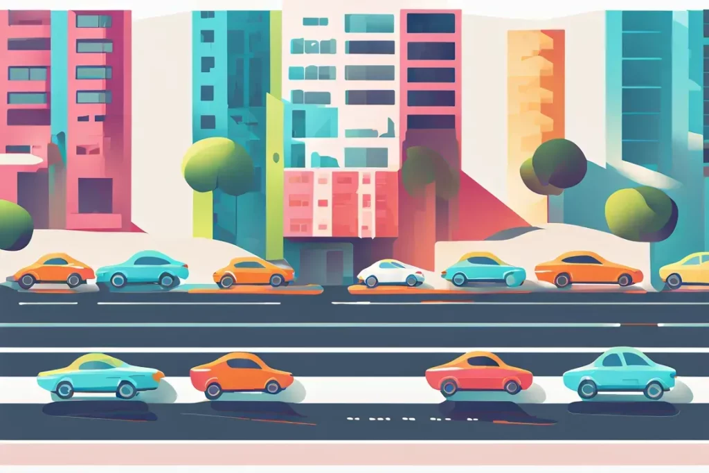 Tante macchine per la strada in città ferme nel traffico, a causa di un comportamento del tutto contrario a quello che segue il concetto di mobilità sostenibile.
