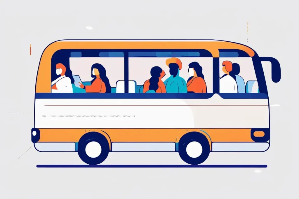 Un autobus con le persone sedute dentro,  ad indicare un mezzo fondamentale per la mobilità sostenibile.