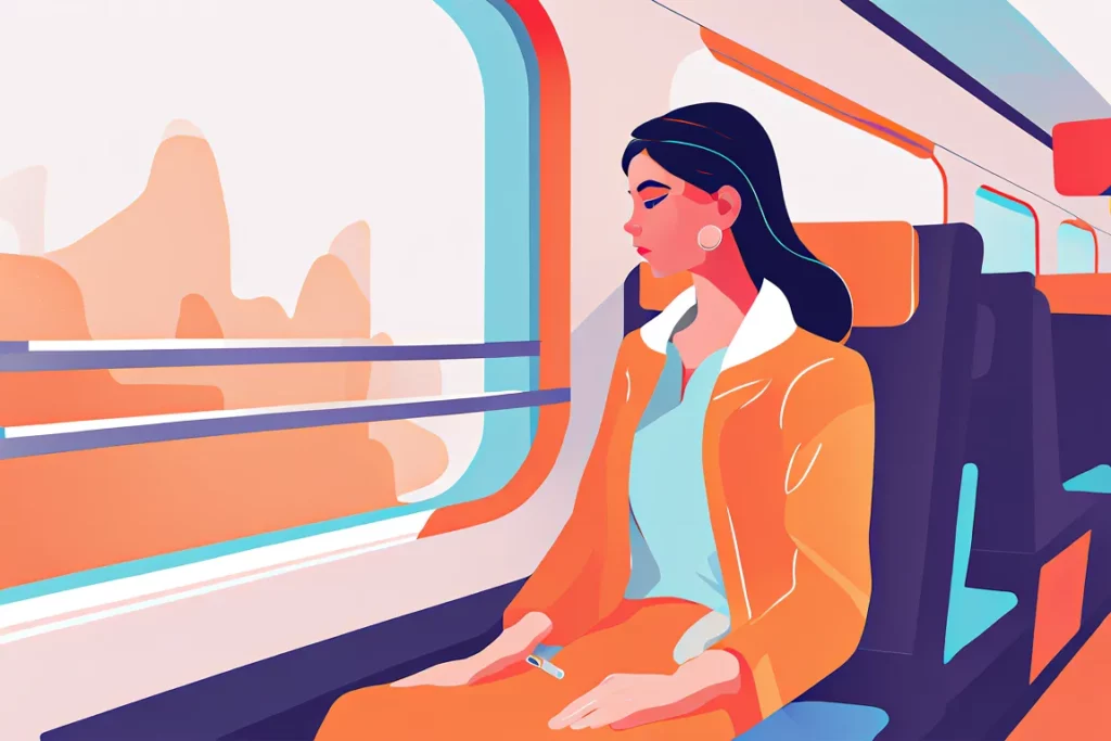 Una ragazza in treno, cercando di viaggiare sostenibile.