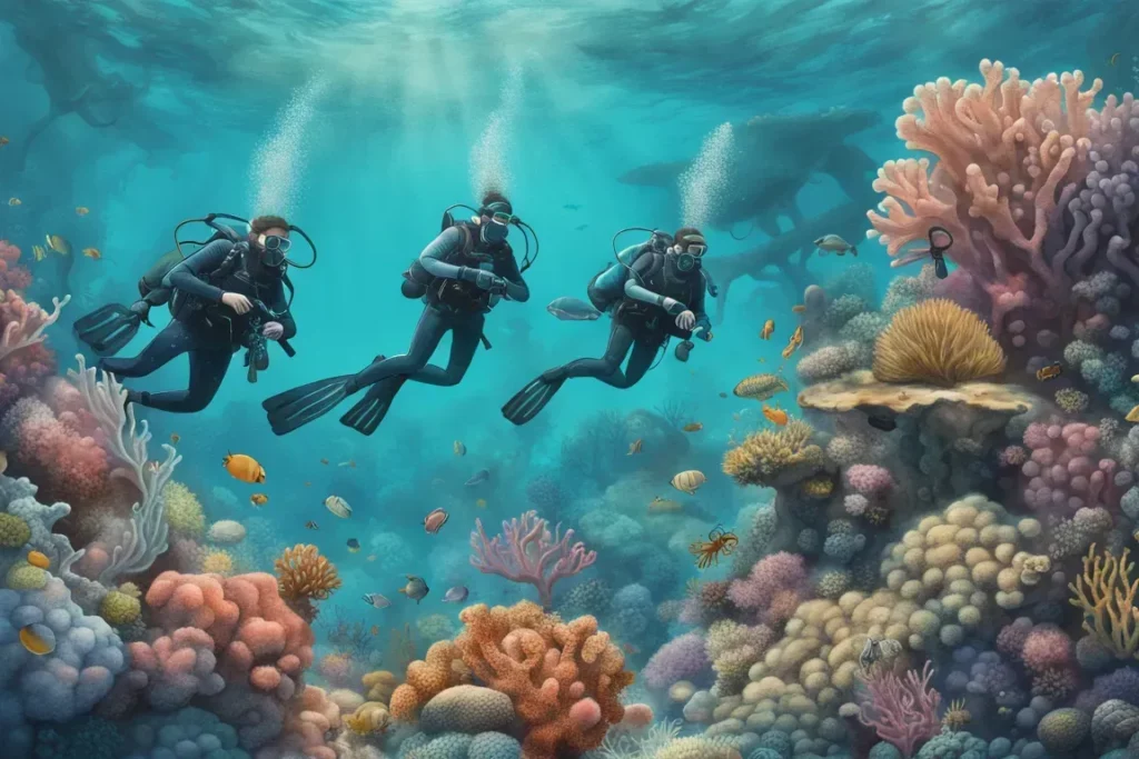 Un gruppo di sub che studia i coralli sott'acqua.