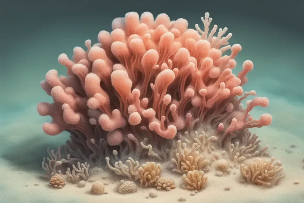 Un insieme di coralli spugnosi sulla sabbia.