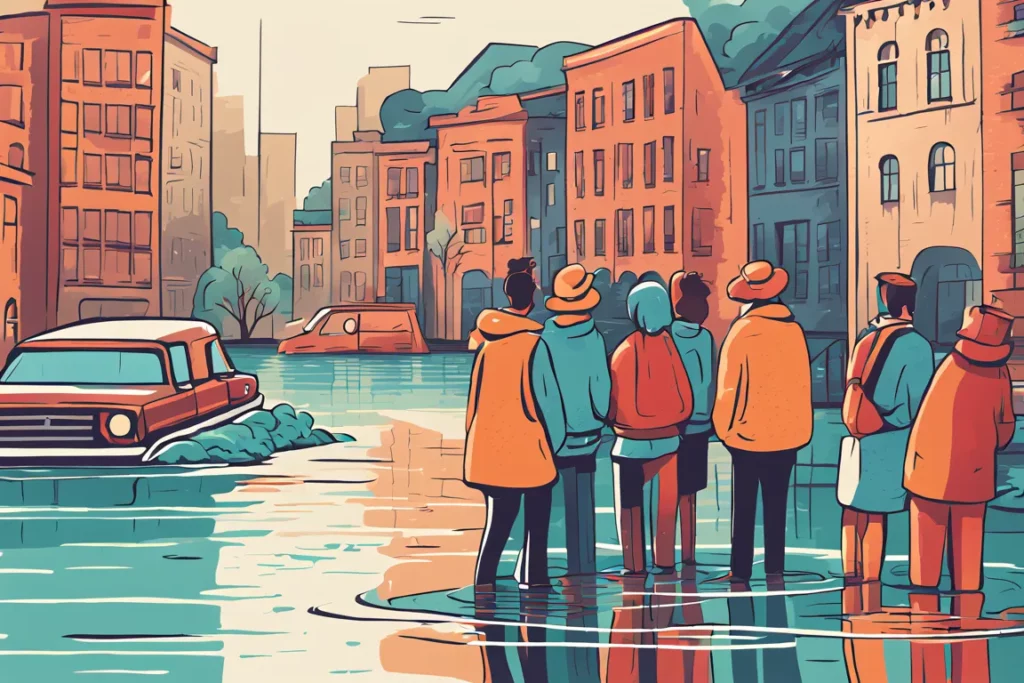 Cittadini europei in una città che è stata inondata da un'esondazione di un fiume.