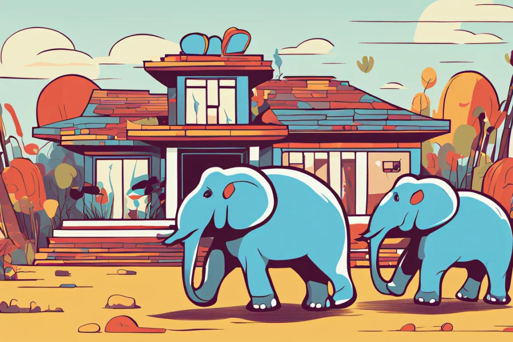 Due elefanti che si avvicinano ad una casa abitata nello Zimbabwe.