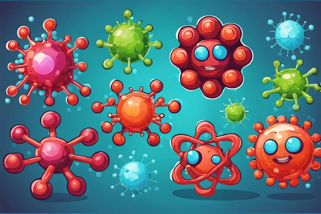 Diversi virus di forme e dimensioni diverse.
