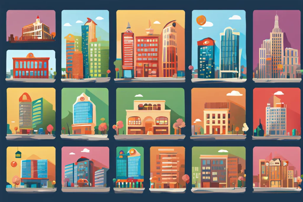 Quindici vignette che rappresentano edifici di diverse aziende presenti nelle città.