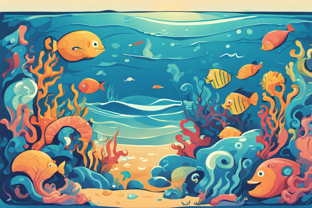 Un ambiente sottomarino con tanti pesci colorati che nuotano nella barriera corallina.